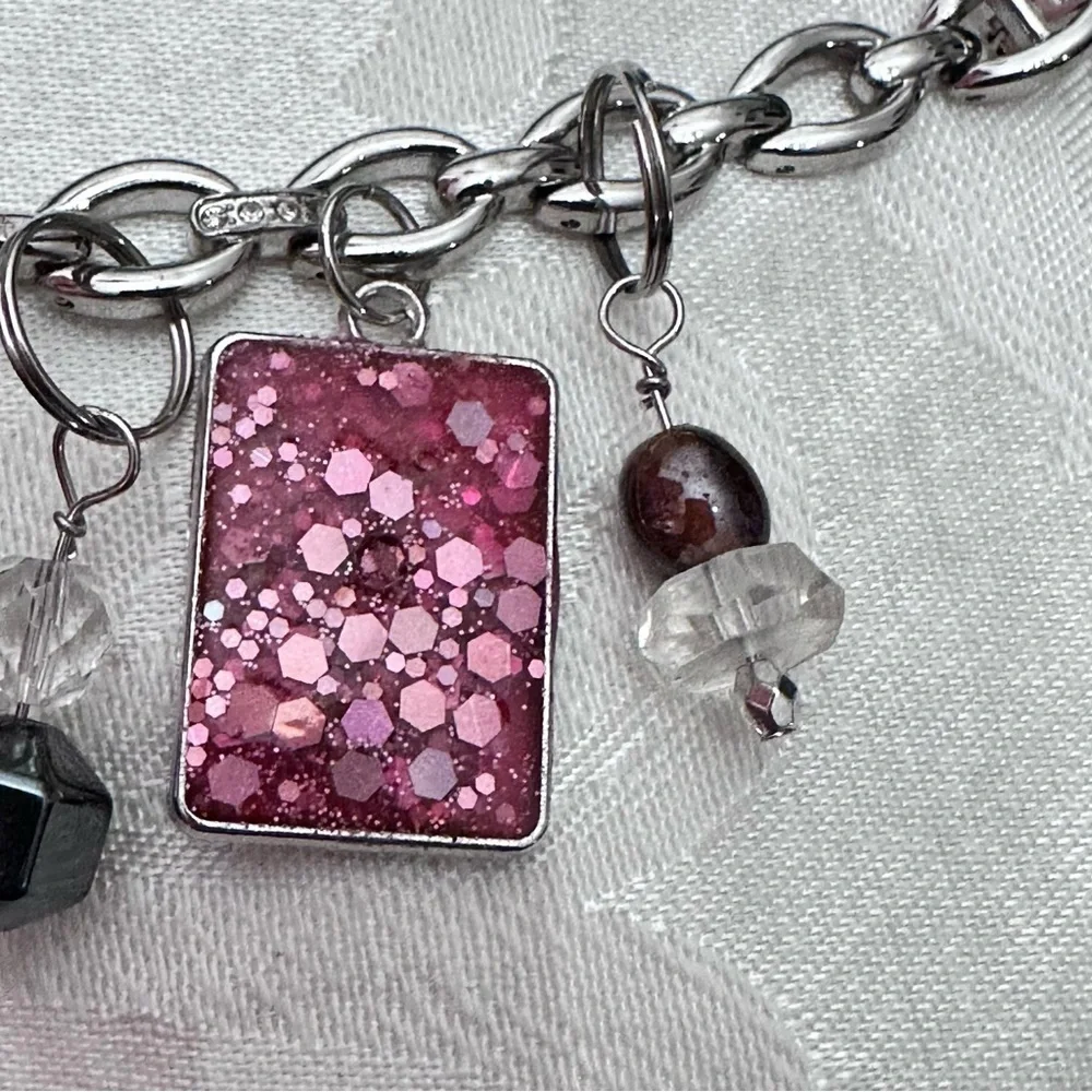 Collage Multicolored Handmade Charm Bracelet Repurposed Silver Tone Chain 4343